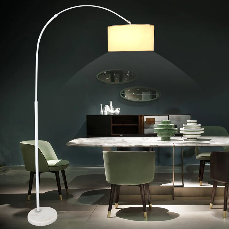 Metallic Fishing Rod Floor Lighting Simplicity 1-Light Standing Floor Lamp Drum Fabric Shade - Incl. Garantie White