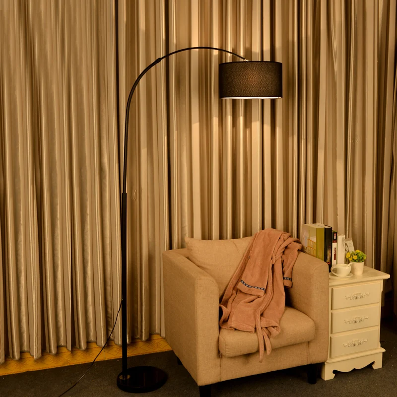 Metallic Fishing Rod Floor Lighting Simplicity 1-Light Standing Floor Lamp Drum Fabric Shade - Incl. Garantie White