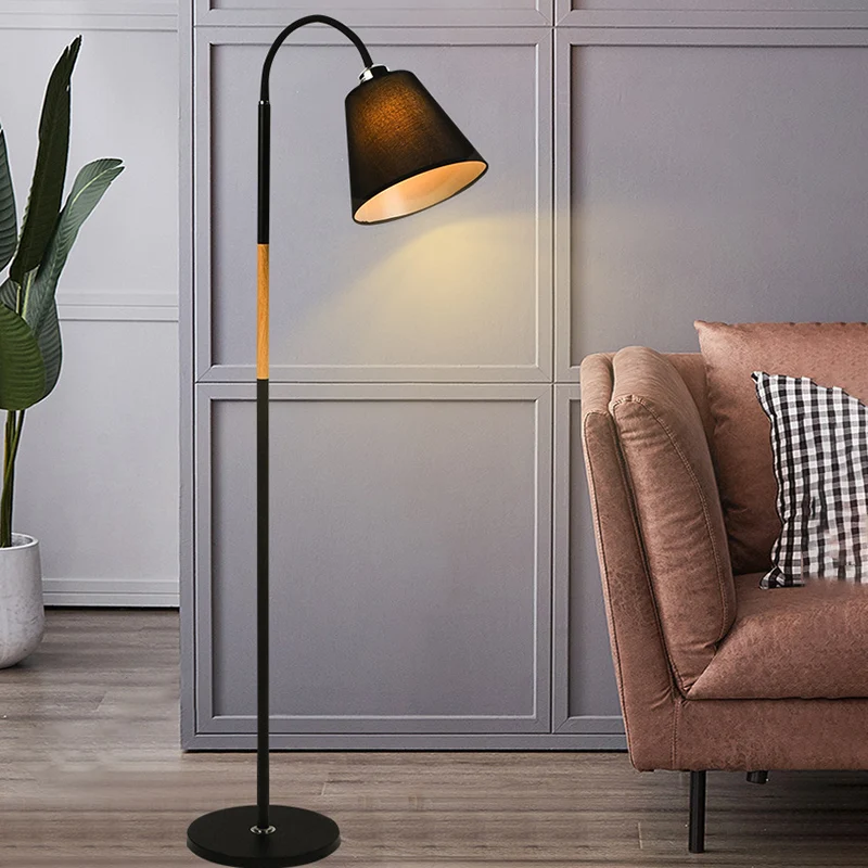 Nordic enkele vloerlamp zwart/wit en houten zwanenhals staande lamp met kegelvormige stoffen kap - Incl. Garantie