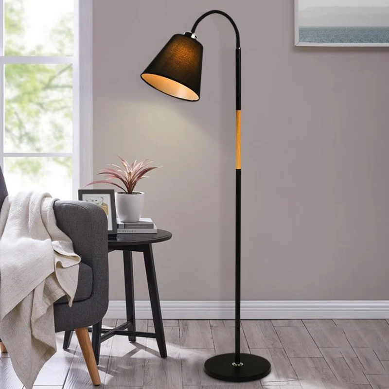Nordic enkele vloerlamp zwart/wit en houten zwanenhals staande lamp met kegelvormige stoffen kap - Incl. Garantie