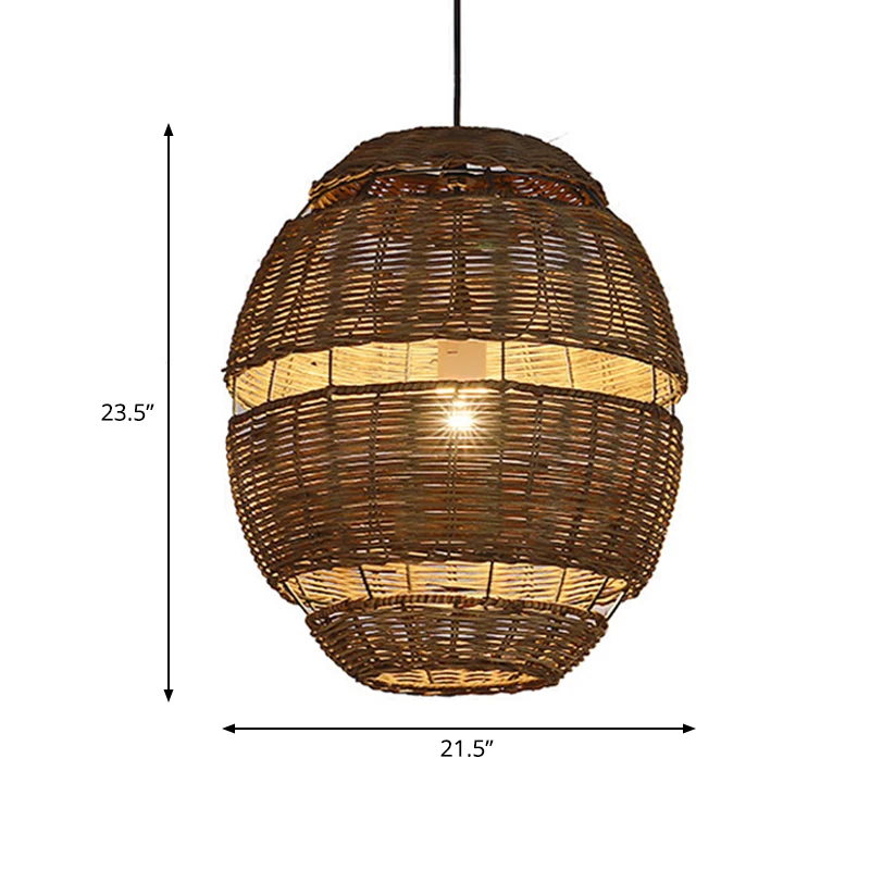 Ovale kap hanglamp Lodge stijlvol rotan 1 lamp bruin hangend lichtarmatuur voor restaurant, diameter 14"/18" | Snel Leverbaar