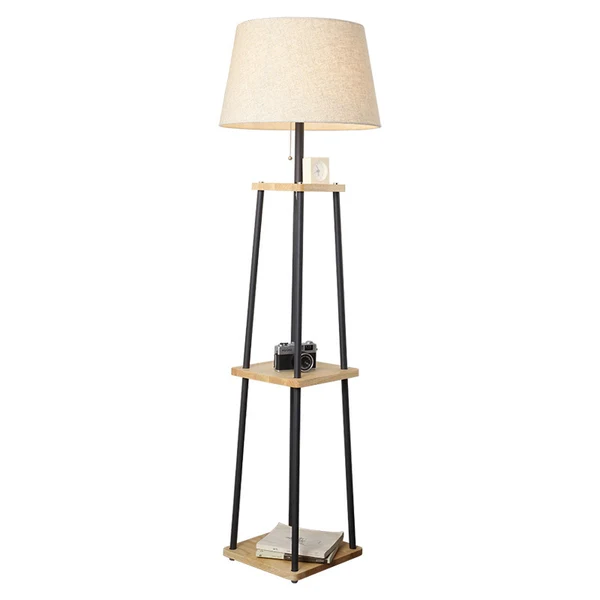 Staande vloerlamp met taps toelopende stof, traditionele staande lamp voor een woonkamer met 3-laags plank zwart | Snel Le...