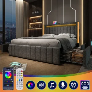 Gestoffeerd bed 160 x 200 cm met 4 lades - USB Type C stopcontacten en LED verlichting - Linnen stof - Grijs (zonder matras)