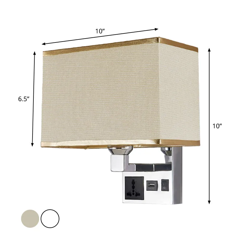 Rechthoekige stoffen wandlamp Eenvoudige enkele witte/vlaskleurige wandkandelaar met 3-gaats stopcontact en USB-oplaadpoor...