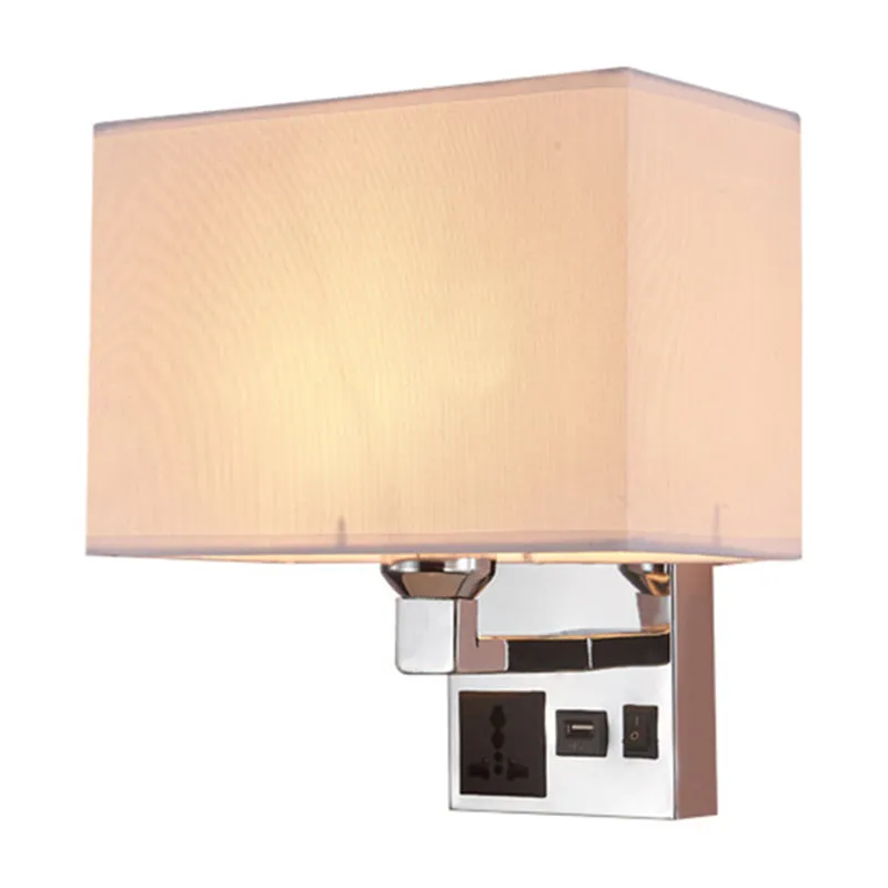 Rechthoekige stoffen wandlamp Eenvoudige enkele witte/vlaskleurige wandkandelaar met 3-gaats stopcontact en USB-oplaadpoor...