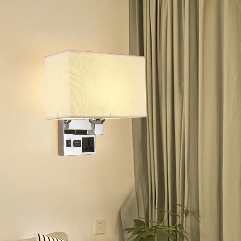Rechthoekige stoffen wandlamp Eenvoudige enkele witte/vlaskleurige wandkandelaar met 3-gaats stopcontact en USB-oplaadpoor...
