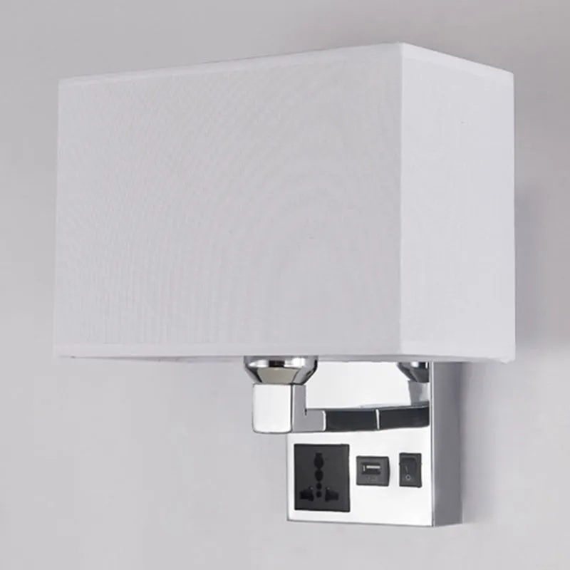 Rechthoekige stoffen wandlamp Eenvoudige enkele witte/vlaskleurige wandkandelaar met 3-gaats stopcontact en USB-oplaadpoor...