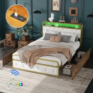 USB-Aansluiting Gestoffeerd bed 140 x 200 cm met 4 lades, USB & LED stopcontacten - metalen frame en MDF hout - goudkleur
