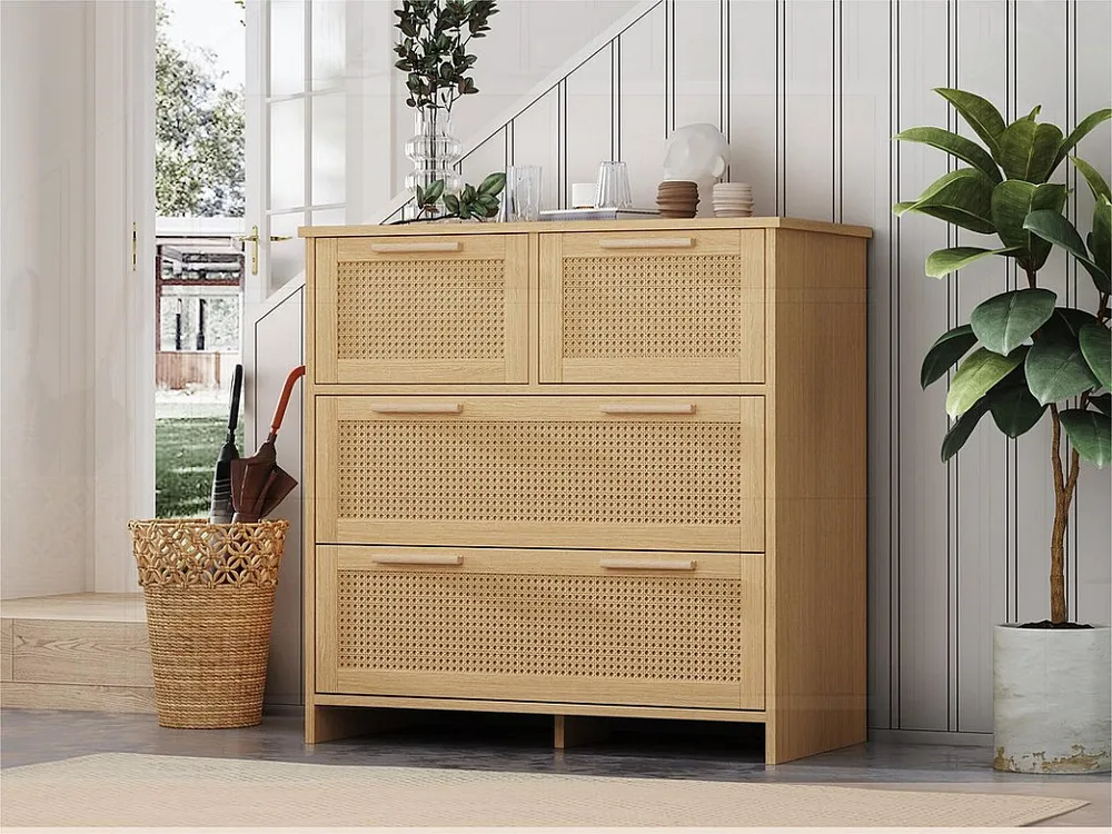 Rotan dressoir - 4 laden met massief houten handgrepen - Naturel