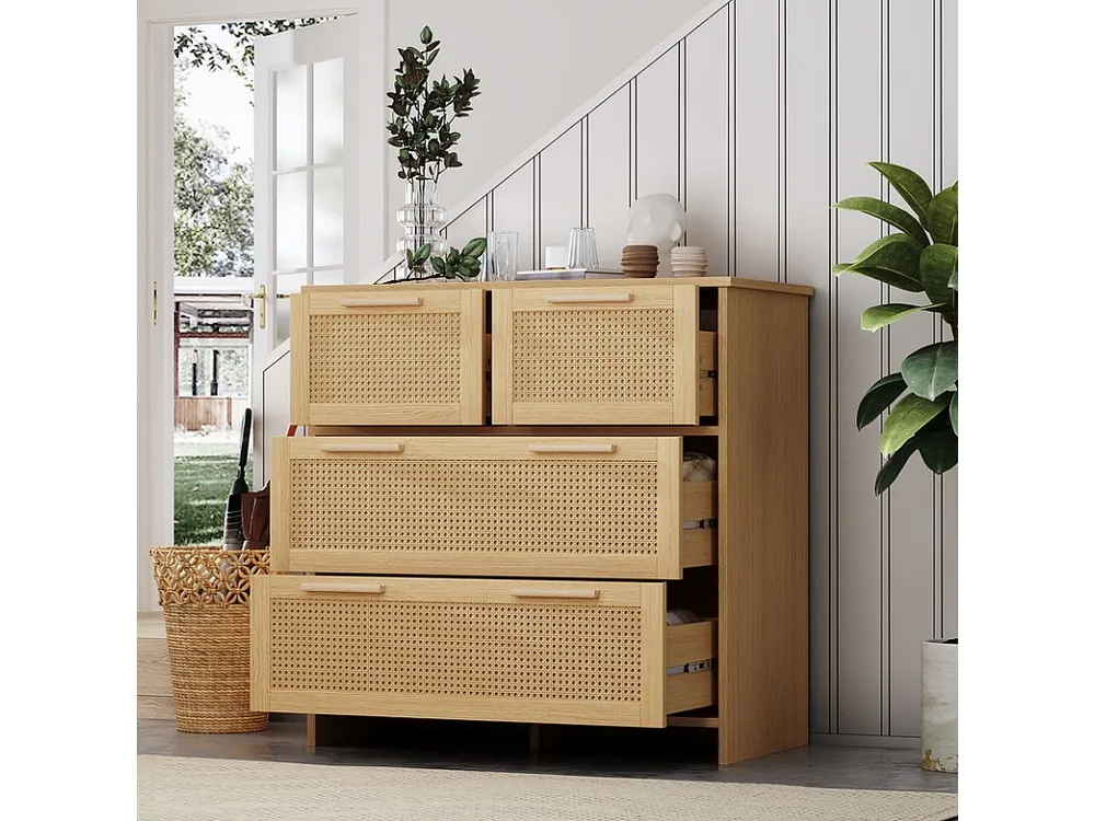 Rotan dressoir - 4 laden met massief houten handgrepen - Naturel