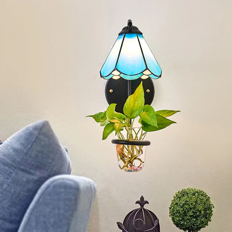 1-kops wandgemonteerde lamp Tiffany bloem blauw/wit glazen schanslamp met plantendecoratie - Incl. Garantie