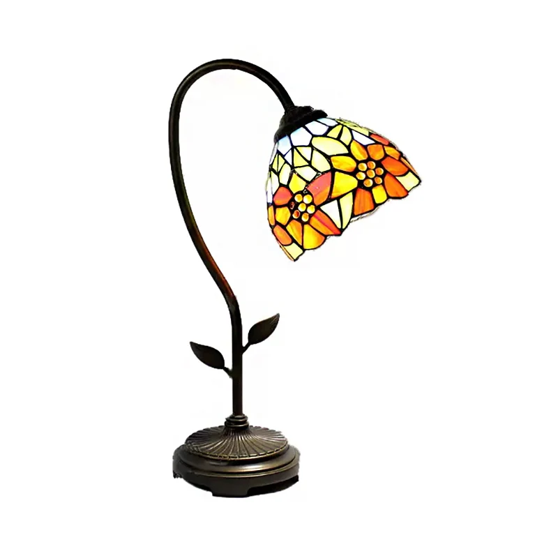 1-lichts koepelvormige tafellamp Tiffany-stijl blauw/oranje roestvrij kunstglas tafelverlichting met zonnebloem/libellepat...