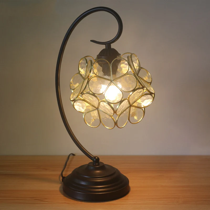 Bloesemvormige tafellamp, enkele kop, beige/roze/geel glas, Tiffany-stijl nachtkastjelamp voor slaapkamer - Incl. Garantie