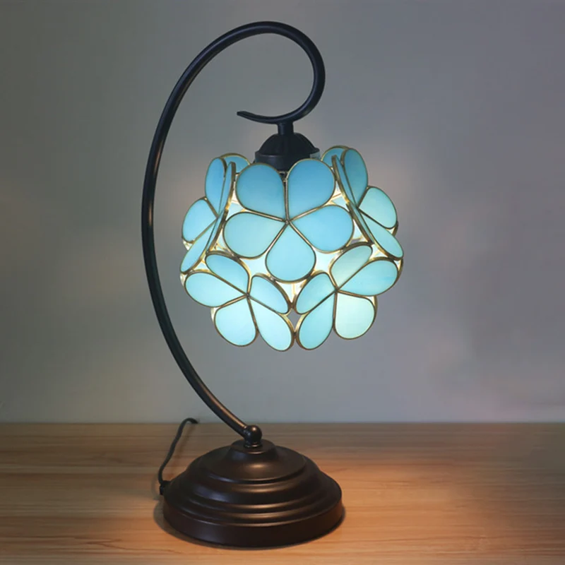 Bloesemvormige tafellamp, enkele kop, beige/roze/geel glas, Tiffany-stijl nachtkastjelamp voor slaapkamer - Incl. Garantie