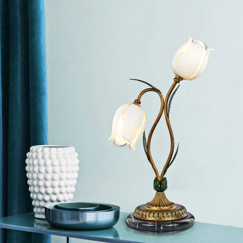 Countryside Blossom Tafellamp 2-lichts wit/geel glazen nachtlampje messing voor woonkamer - Incl. Garantie