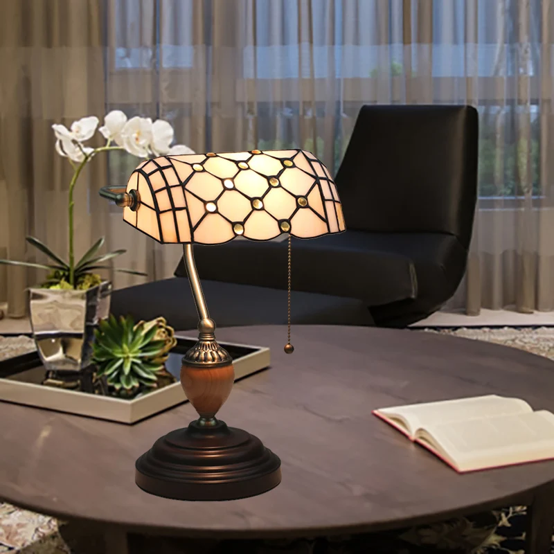 Energiezuinige LED 1-lichts tafellamp met kralen Tiffany-stijl geel/blauw nachtkastje van geslepen glas voor de woonkamer