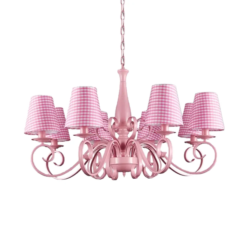 Energiezuinige LED Roze taps toelopende schaduwkroonluchter 8-kops metalen hanglamp voor hotelrestaurant