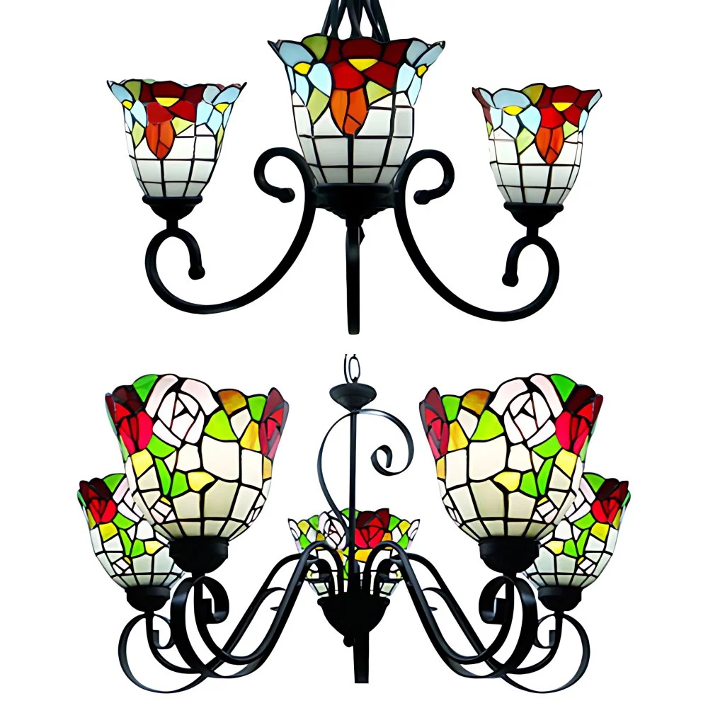 Glas--loodklok-plafondhanger 3/5-lichts Tiffany Klassiek Loft-kroonluchter met bloem zwart voor hotel
