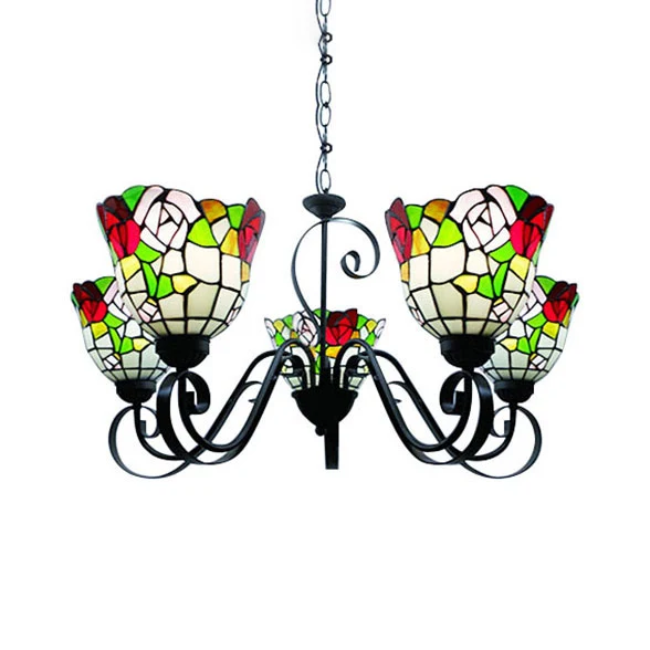 Glas--loodklok-plafondhanger 3/5-lichts Tiffany Klassiek Loft-kroonluchter met bloem zwart voor hotel