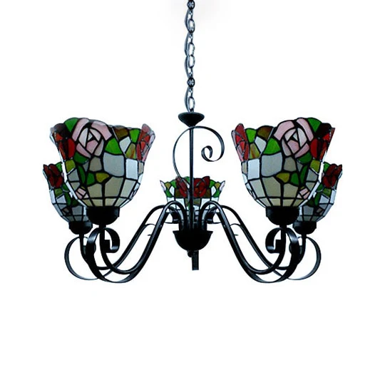 Glas--loodklok-plafondhanger 3/5-lichts Tiffany Klassiek Loft-kroonluchter met bloem zwart voor hotel