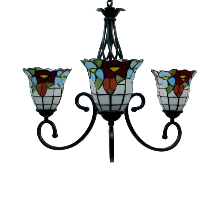 Glas--loodklok-plafondhanger 3/5-lichts Tiffany Klassiek Loft-kroonluchter met bloem zwart voor hotel
