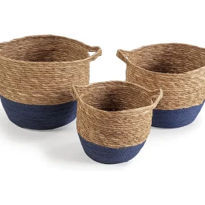 Set van 3 Anxo manden van natuurlijke vezels met handvatten, blauw/natuurlijk
