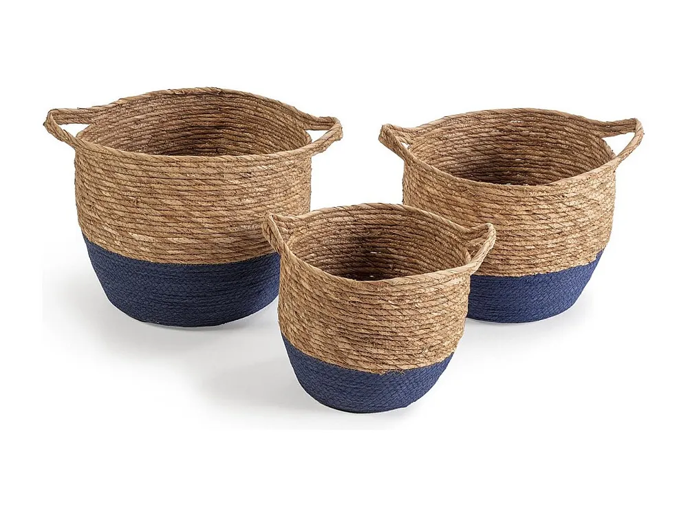 Set van 3 Anxo manden van natuurlijke vezels met handvatten, blauw/natuurlijk