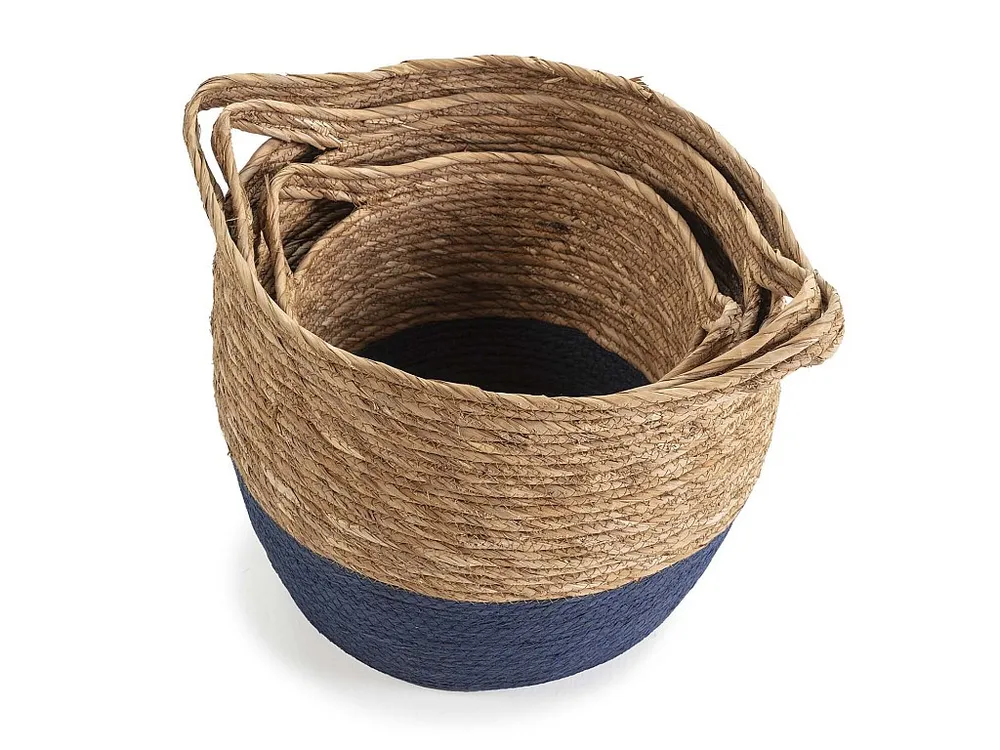 Set van 3 Anxo manden van natuurlijke vezels met handvatten, blauw/natuurlijk