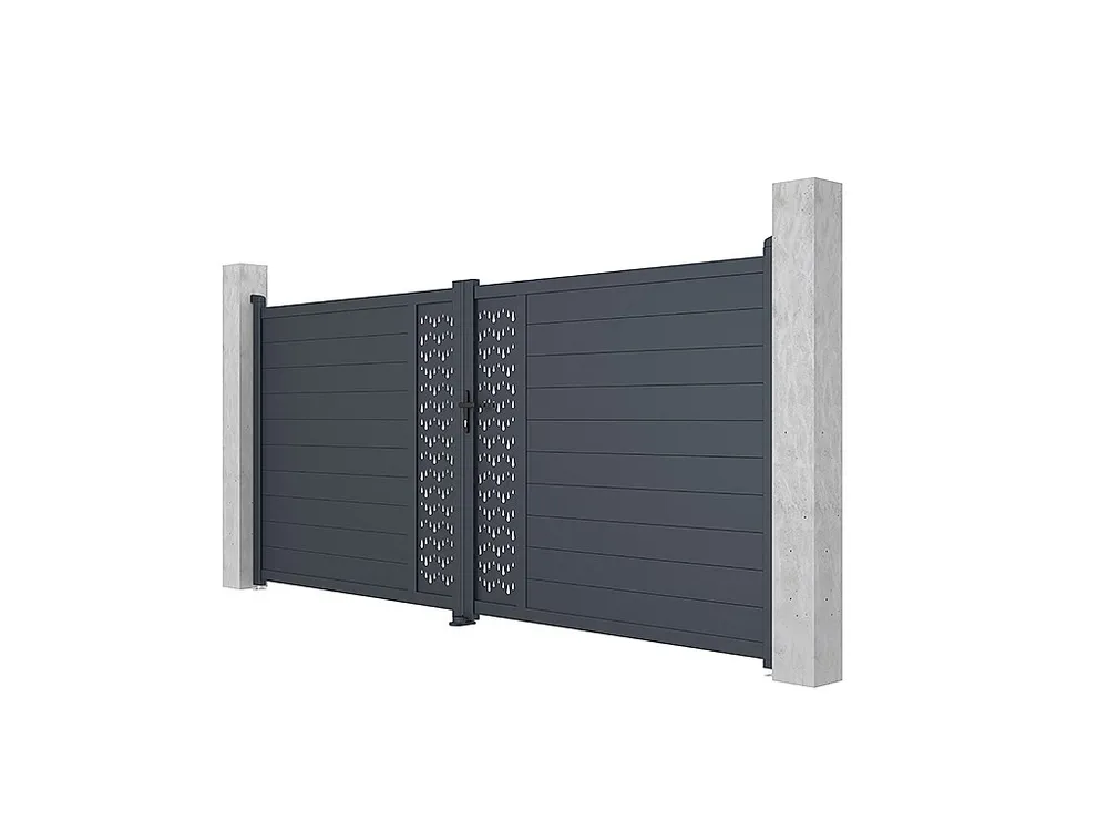 Elektrische draaipoort van aluminium met motieven - L.397 x H.181 cm - Antraciet - Koop nu