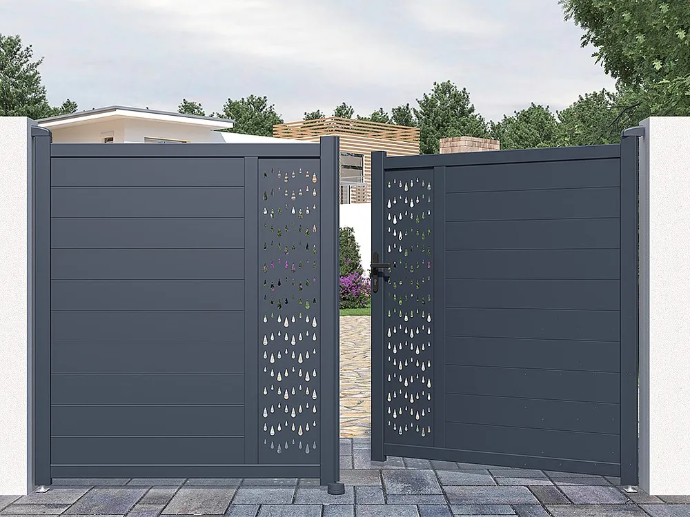 Elektrische draaipoort van aluminium met motieven - L.305 x H.181 cm - Antraciet - Koop nu