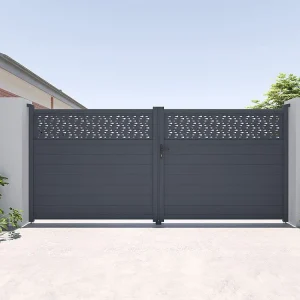 Elektrische vleugelpoort aluminium met deels motieven L397 x H182 cm donkergrijs - BAZIO