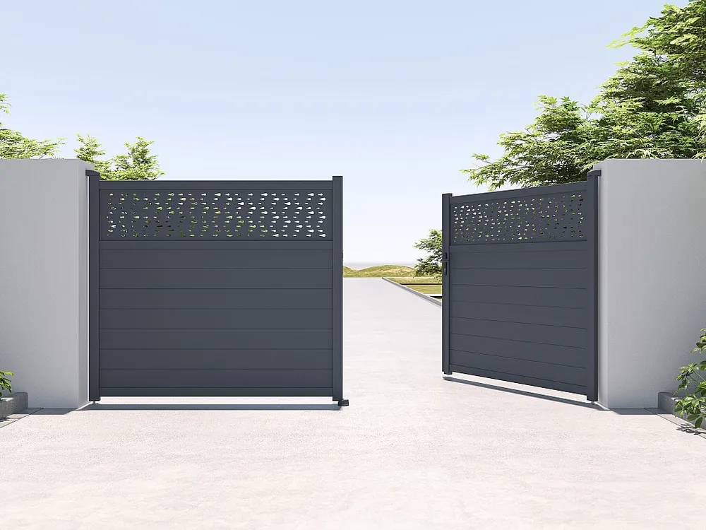 Elektrische vleugelpoort aluminium met deels motieven L397 x H182 cm donkergrijs - BAZIO