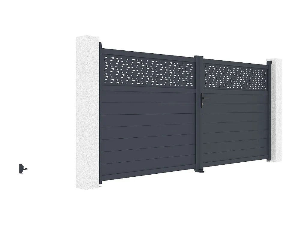 Elektrische vleugelpoort aluminium met deels motieven L397 x H182 cm donkergrijs - BAZIO