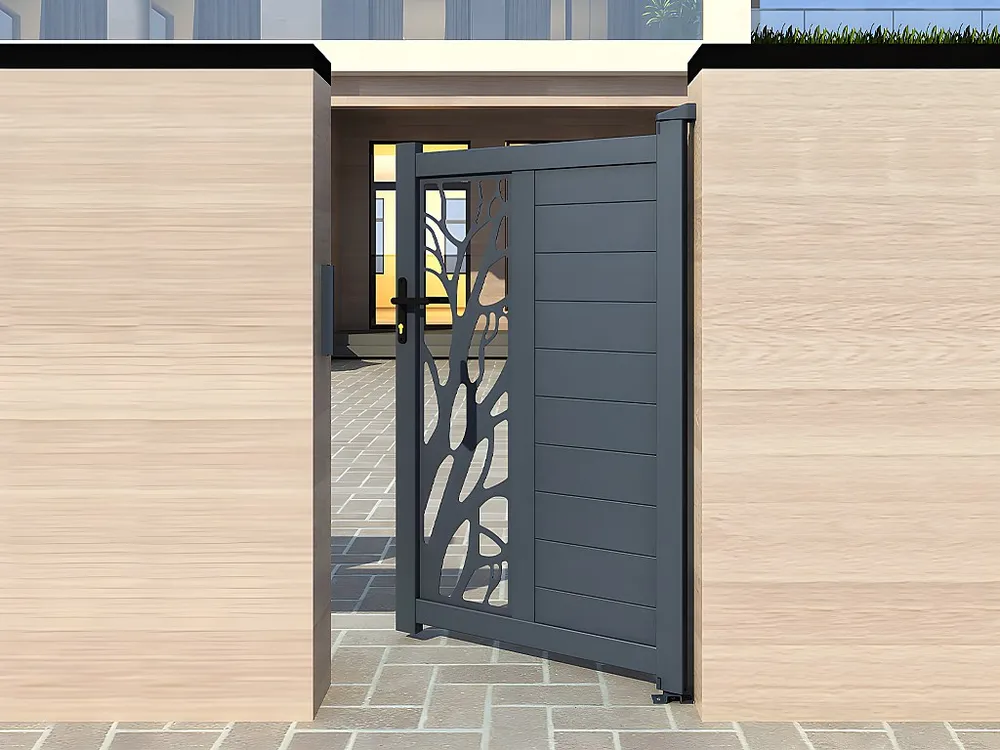 Halfopengewerkte aluminium draaipoort met motief B100 x H179 cm antraciet LABRIT II