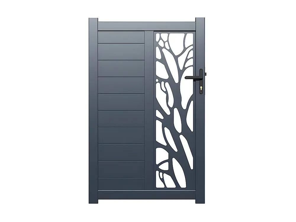 Halfopengewerkte aluminium draaipoort met motief B100 x H179 cm antraciet LABRIT II