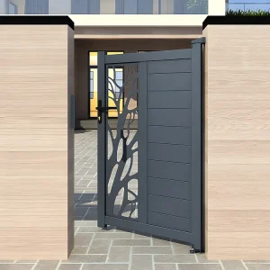 Halfopengewerkte aluminium draaipoort met motief B100 x H164 cm antraciet LABRIT II