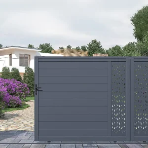 Schuifpoort van aluminium met motieven - Halfopengewerkt - L. 416 x H. 180 cm - Koop nu