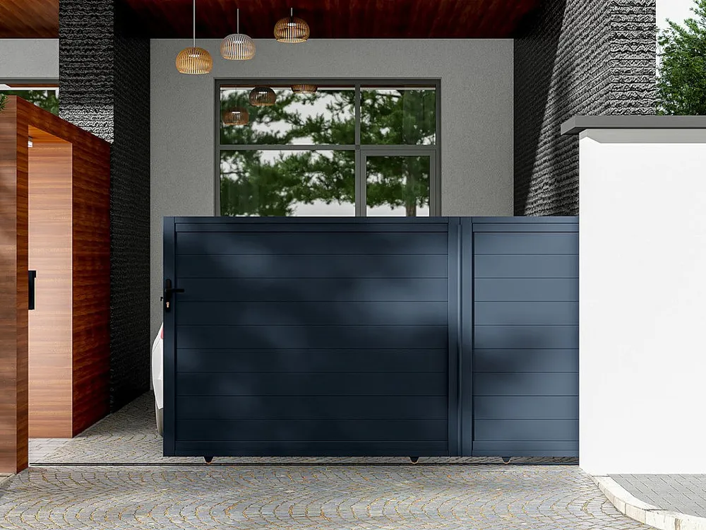 Schuifpoort van antraciet opengewerkt aluminium NAZARIO - L416 x 165 cm - Koop nu online