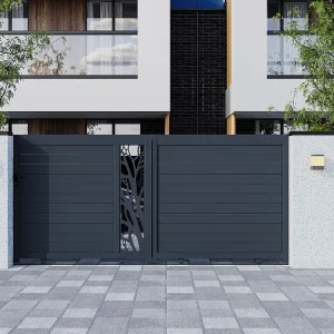 Schuivende, half opengewerkte aluminium tuinpoort met motieven L400 x H179 cm donkergrijs LABRIT II