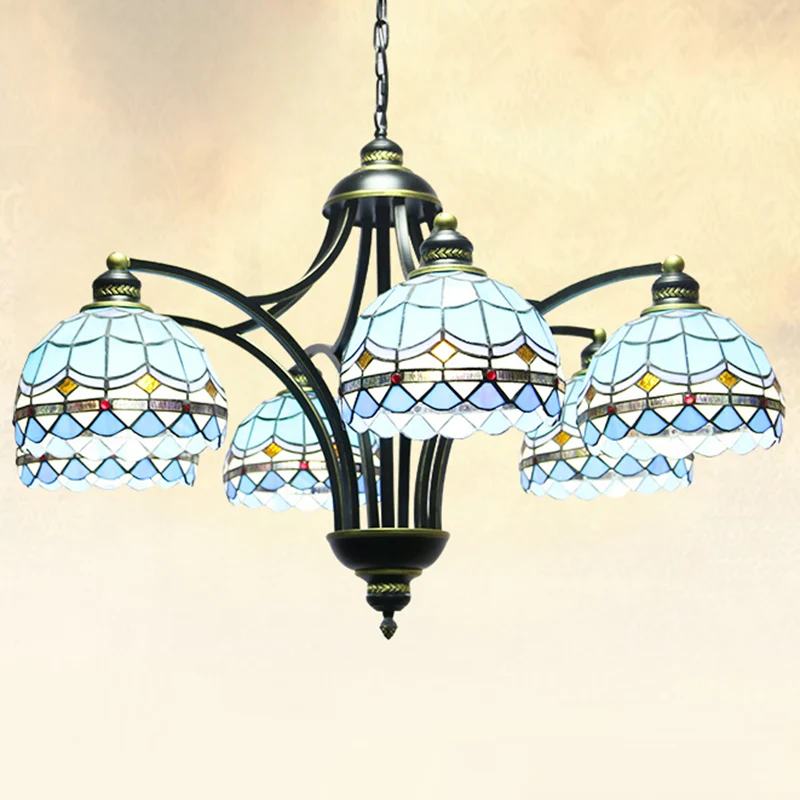 Energiezuinige Blauw glas--lood Tiffany kroonluchter 6-lichts 23,5 "brede woonkamer hanglamp met verstelbare ketting