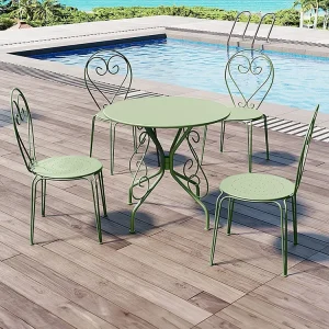 Professionele Nauwkeurige Tuineetkamer smeedijzer : een tafel en 4 stapelbare stoelen - Amandelgroen - GUERMANTES - Koop n...