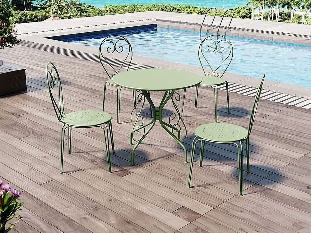 Professionele Nauwkeurige Tuineetkamer smeedijzer : een tafel en 4 stapelbare stoelen - Amandelgroen - GUERMANTES - Koop n...