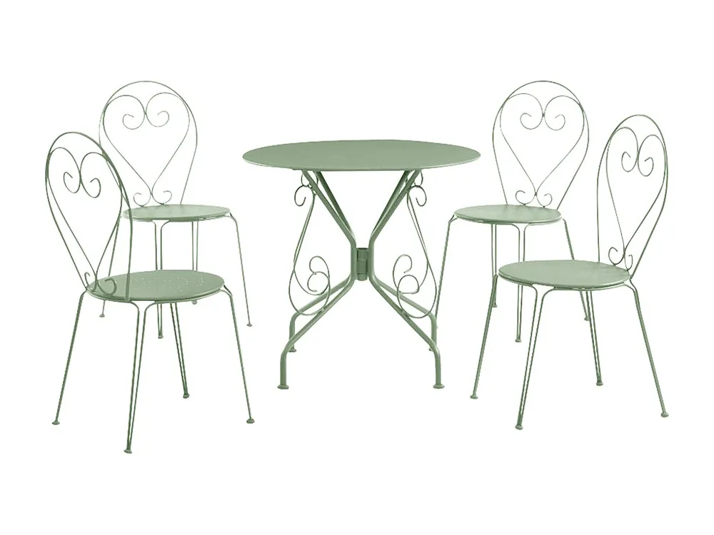 Professionele Nauwkeurige Tuineetkamer smeedijzer : een tafel en 4 stapelbare stoelen - Amandelgroen - GUERMANTES - Koop n...