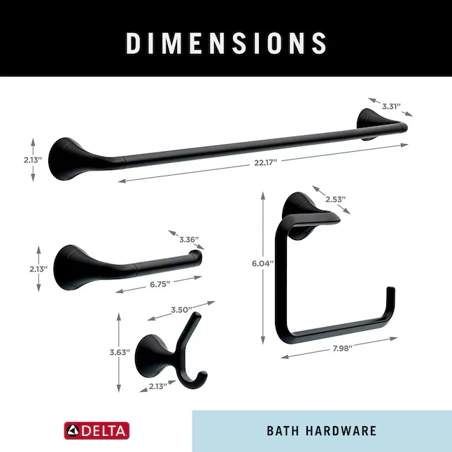 Delta 4-Piece Eldren Matte Zwart Decorative Bathroom Hardware Set Toilet Paper Holder,Towel Ring and Robe Hook