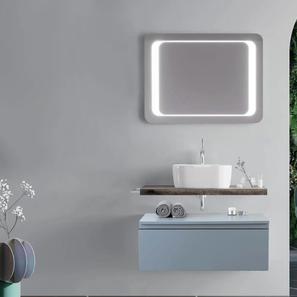 Bathroom cabinet ceramic countertop sink and LED mirror 80 cm fossil oak and gedempt pastel blue - Cubi&Co Destiny 2 m...