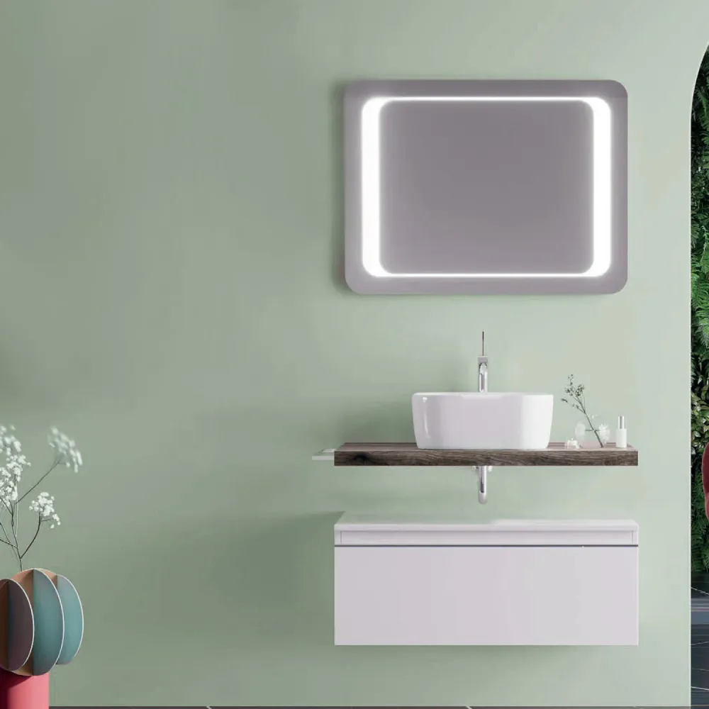 Bathroom cabinet ceramic countertop sink and LED mirror 80 cm fossil eik and matte white - Cubi&Co Destiny 2 model