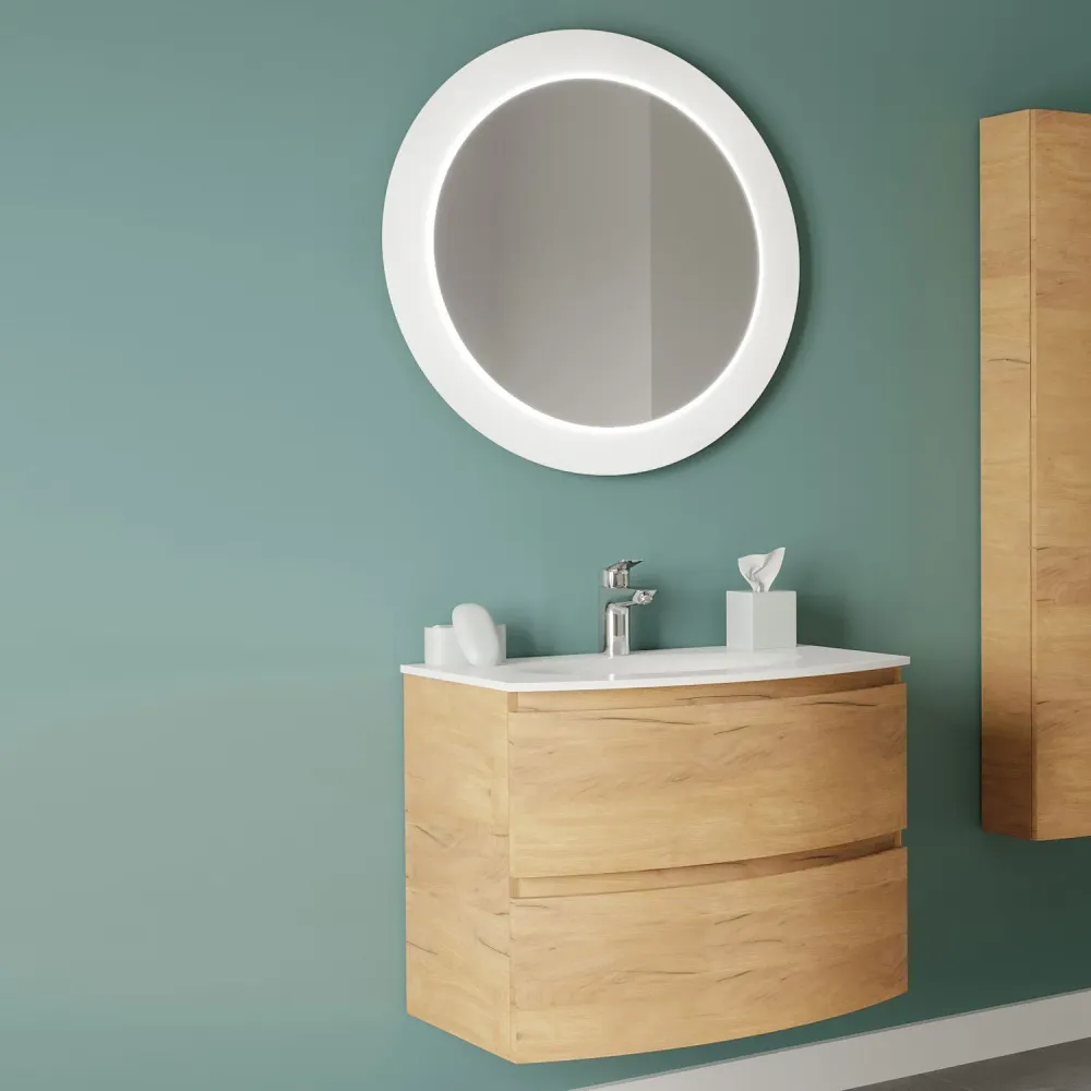 Bathroom cabinet two drawers resin sink and LED mirror 70 cm Gold Eik - model Onde 2