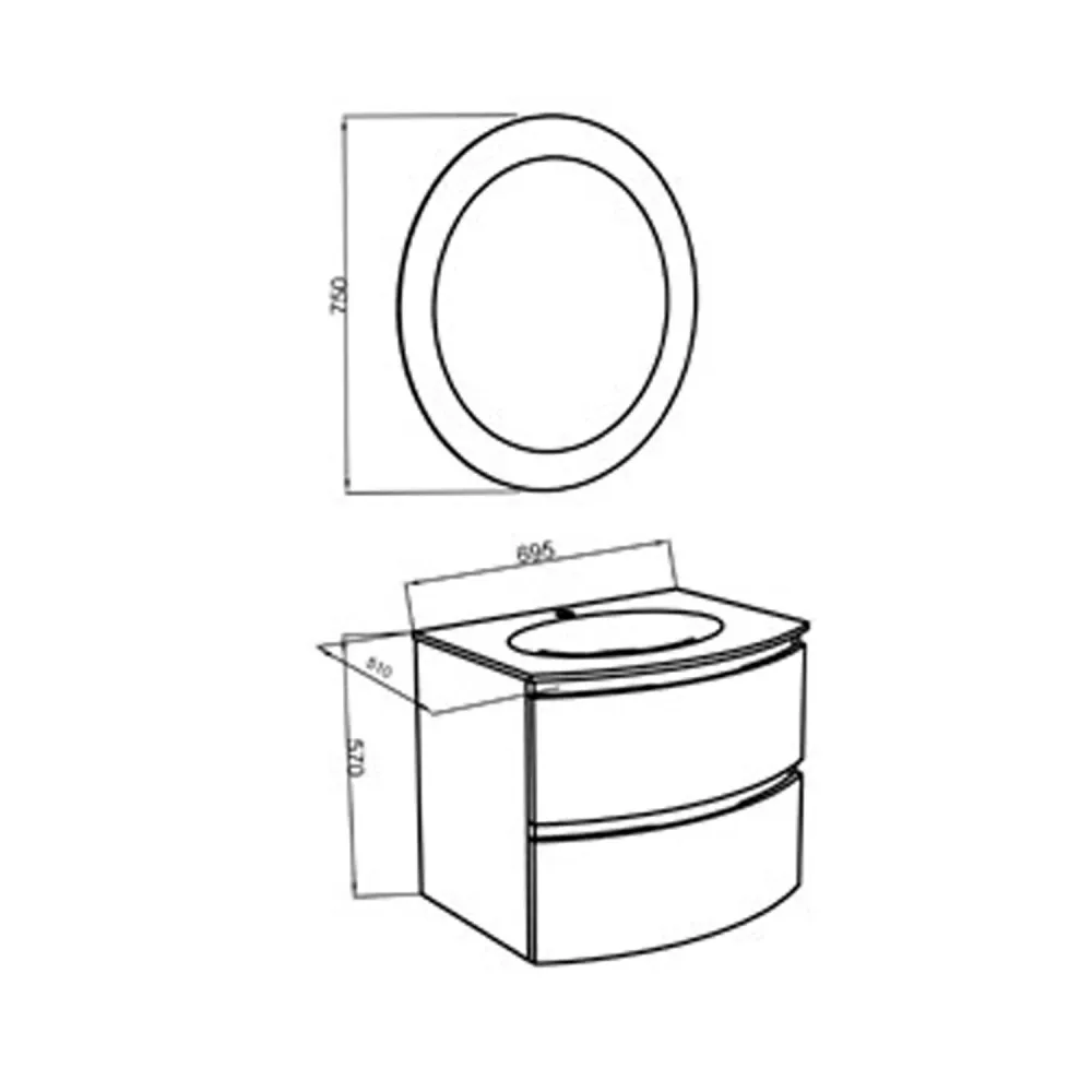 Bathroom cabinet two drawers resin sink and LED mirror 70 cm Gold Eik - model Onde 2