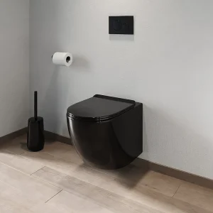 Hangend toilet pakket glanzend zwart met inbouwreservoir en bedieningsplaat, JAVOINE