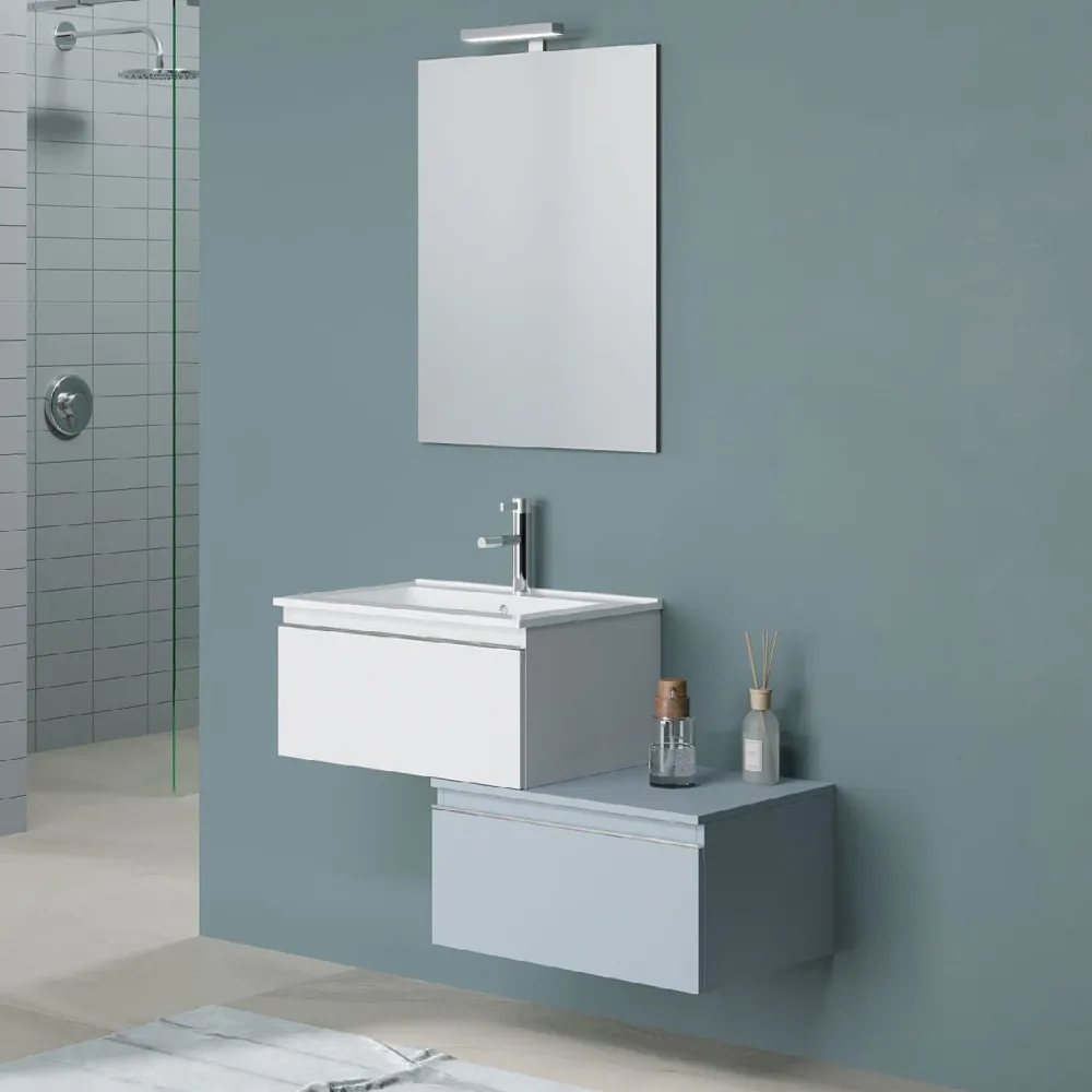 Wall-mounted bathroom cabinet two drawers sink, mirror and LED light 60 cm Doffe White and Pastel Blue - Cubi&Co Incanto 2...